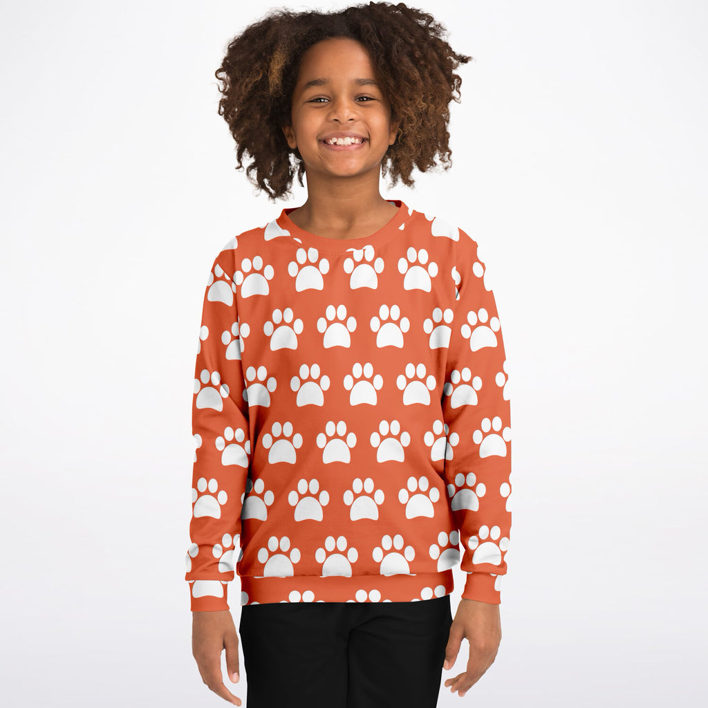 Kids Bright Orange Paw Print Sweatshirt – Ultra Soft & Stretchy, Cozy Fleece or Lightweight Sports Fabric Sweatshirt – Ultra Soft & Stretchy, Cozy Fleece or Lightweight Sports Fabric