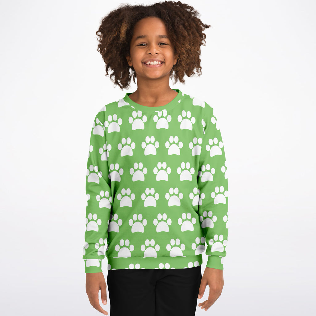 Kids Green Paw Print Sweatshirt – Ultra Soft & Stretchy, Cozy Fleece or Lightweight Sports Fabric Sweatshirt – Ultra Soft & Stretchy, Cozy Fleece or Lightweight Sports Fabric