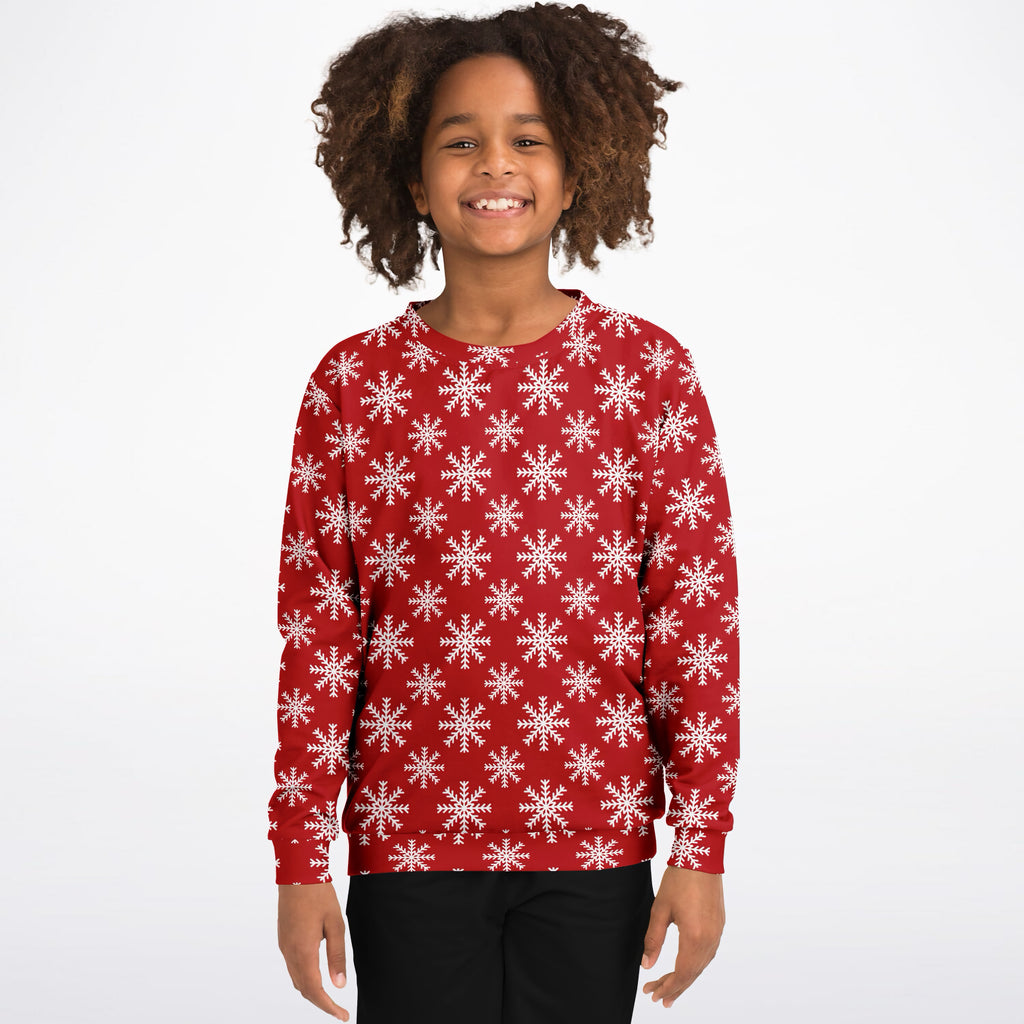 Kids Red Christmas Snowflake Sweatshirt – Ultra Soft & Stretchy, Cozy Fleece or Lightweight Sports Fabric Sweatshirt – Ultra Soft & Stretchy, Cozy Fleece or Lightweight Sports Fabric