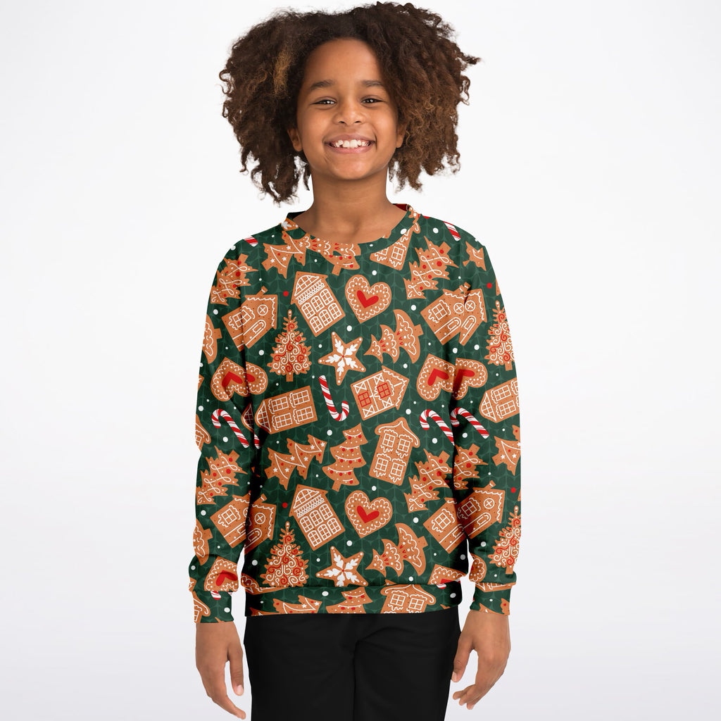 Kids Green Christmas Gingerbread Sweatshirt – Ultra Soft & Stretchy, Cozy Fleece or Lightweight Sports Fabric Sweatshirt – Ultra Soft & Stretchy, Cozy Fleece or Lightweight Sports Fabric
