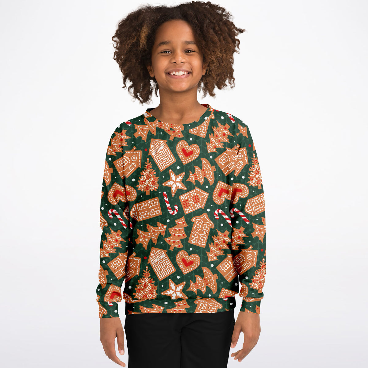 Kids Green Christmas Gingerbread Sweatshirt – Ultra Soft & Stretchy, Cozy Fleece or Lightweight Sports Fabric Sweatshirt – Ultra Soft & Stretchy, Cozy Fleece or Lightweight Sports Fabric