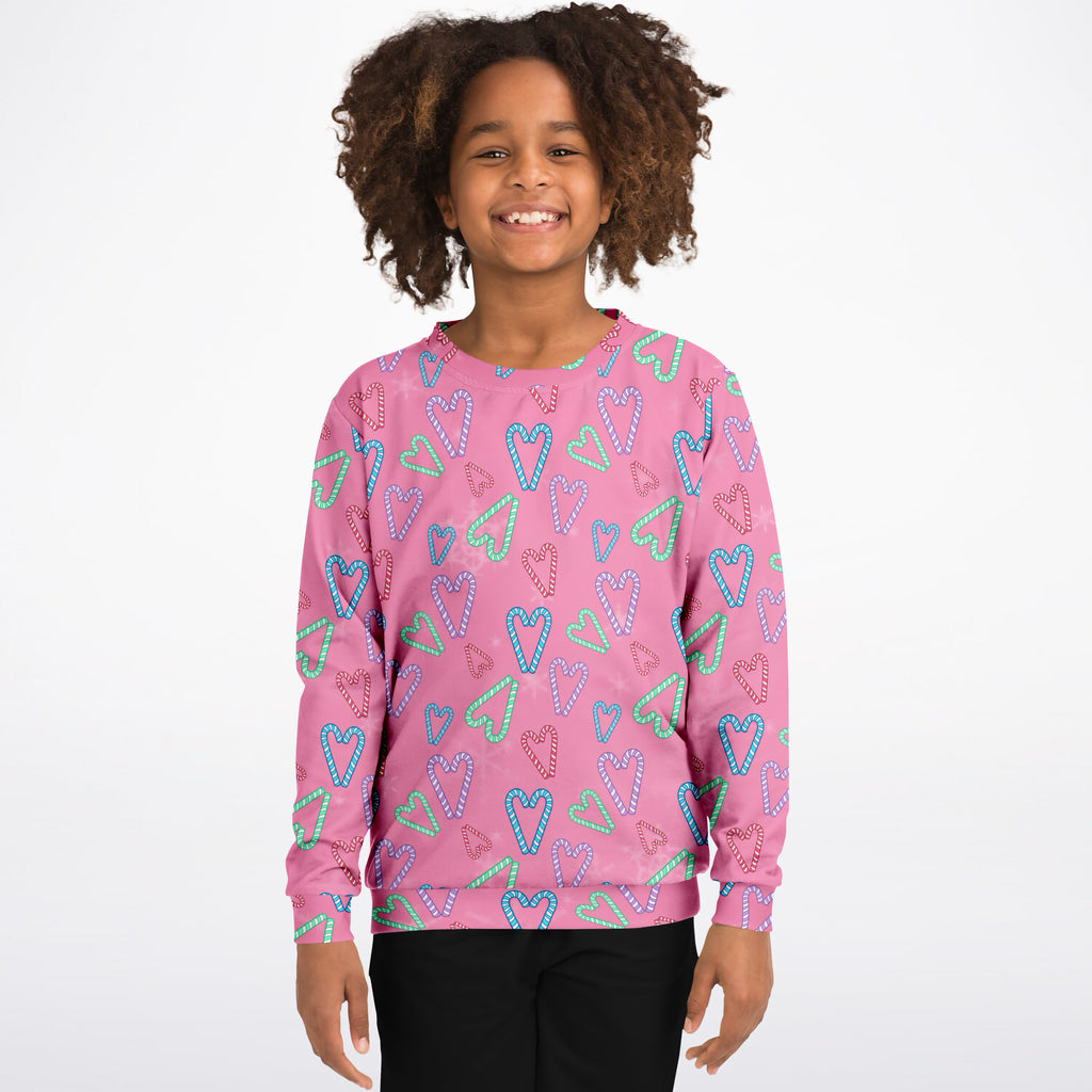 Girls Pink Christmas Candy Cane Heart Sweatshirt – Ultra Soft & Stretchy, Cozy Fleece or Lightweight Sports Fabric Sweatshirt – Ultra Soft & Stretchy, Cozy Fleece or Lightweight Sports Fabric