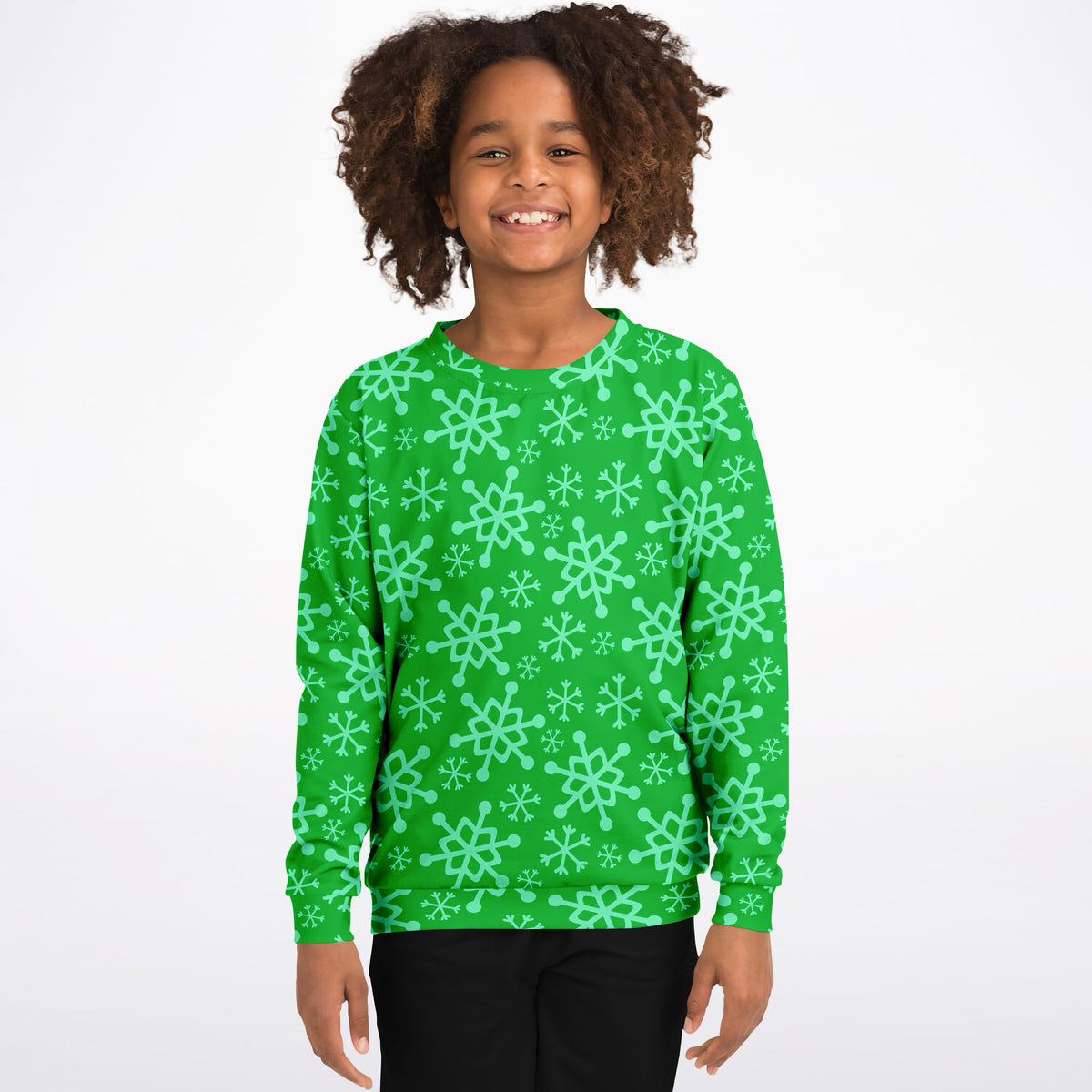 Kids Green Snowflake Christmas Sweatshirt – Ultra Soft & Stretchy, Cozy Fleece or Lightweight Sports Fabric Sweatshirt – Ultra Soft & Stretchy, Cozy Fleece or Lightweight Sports Fabric