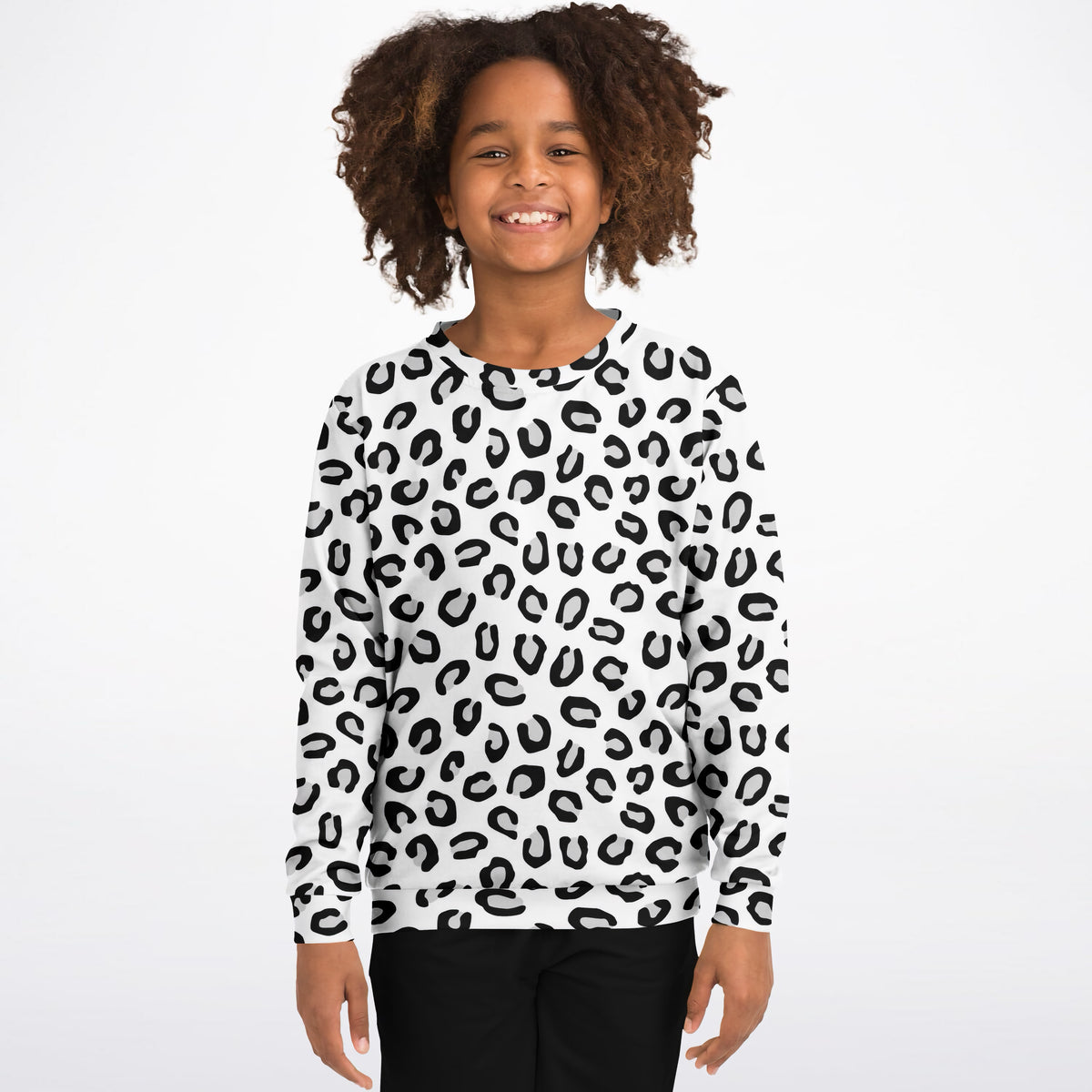 Kids Black & White Leopard Print Sweatshirt – Ultra Soft & Stretchy, Cozy Fleece or Lightweight Sports Fabric Sweatshirt – Ultra Soft & Stretchy, Cozy Fleece or Lightweight Sports Fabric