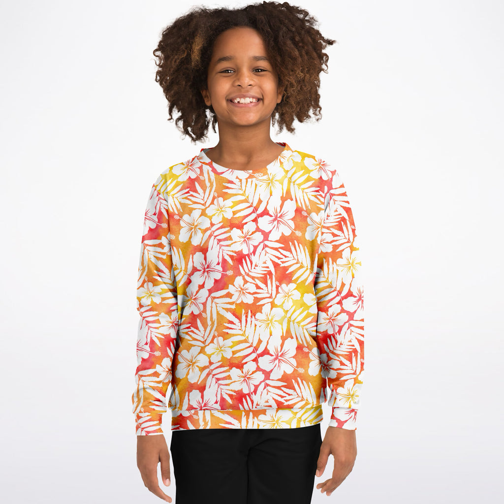 Kids Orange Tropical Hibiscus Sweatshirt – Ultra Soft & Stretchy, Cozy Fleece or Lightweight Sports Fabric Sweatshirt – Ultra Soft & Stretchy, Cozy Fleece or Lightweight Sports Fabric