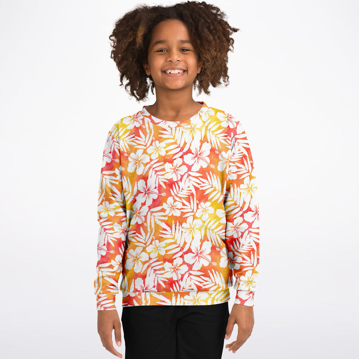 Kids Orange Tropical Hibiscus Sweatshirt – Ultra Soft & Stretchy, Cozy Fleece or Lightweight Sports Fabric Sweatshirt – Ultra Soft & Stretchy, Cozy Fleece or Lightweight Sports Fabric