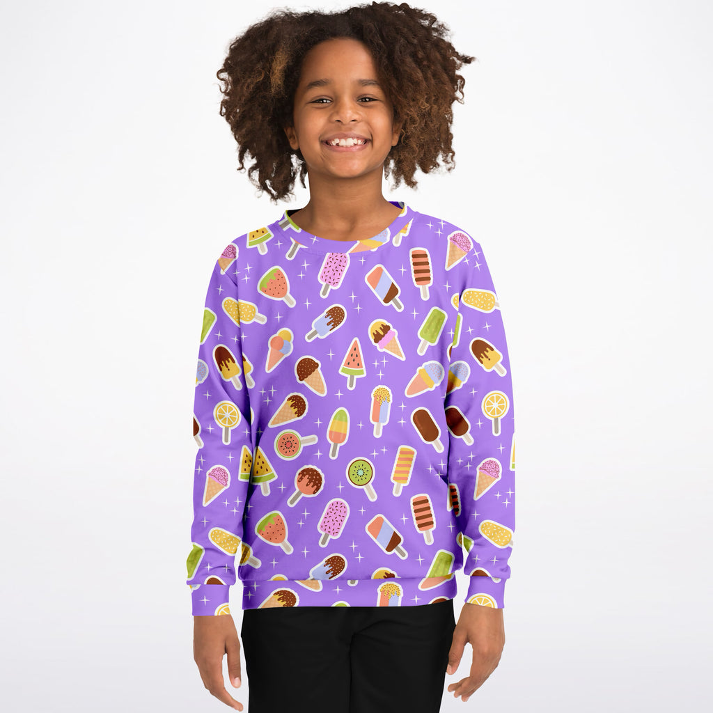 Kids Purple Ice Cream Sweatshirt – Ultra Soft & Stretchy, Cozy Fleece or Lightweight Sports Fabric Sweatshirt – Ultra Soft & Stretchy, Cozy Fleece or Lightweight Sports Fabric