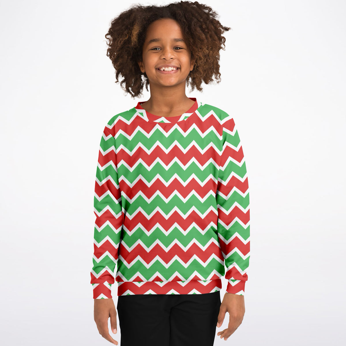 Kids Red Green & White Christmas Chevron Sweatshirt – Ultra Soft & Stretchy, Cozy Fleece or Lightweight Sports Fabric Sweatshirt – Ultra Soft & Stretchy, Cozy Fleece or Lightweight Sports Fabric