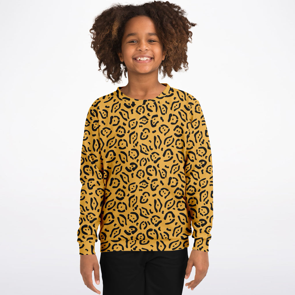 Kids Mustard Yellow Leopard Print Sweatshirt – Ultra Soft & Stretchy, Cozy Fleece or Lightweight Sports Fabric Sweatshirt – Ultra Soft & Stretchy, Cozy Fleece or Lightweight Sports Fabric