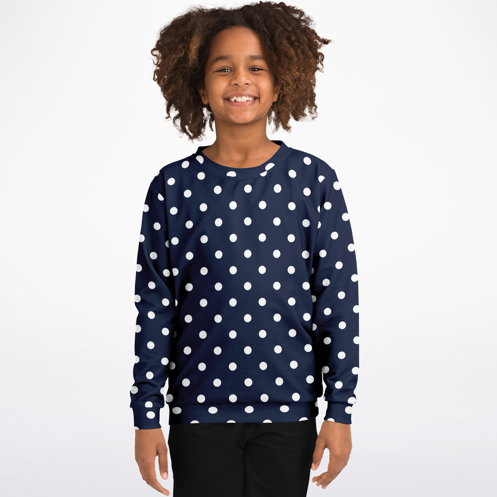 Kids Dark Navy Blue Polka Dot Sweatshirt – Ultra Soft & Stretchy, Cozy Fleece or Lightweight Sports Fabric Sweatshirt – Ultra Soft & Stretchy, Cozy Fleece or Lightweight Sports Fabric