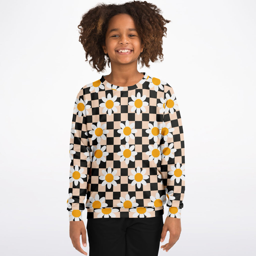 Girls Beige Checkered Daisy Sweatshirt – Ultra Soft & Stretchy, Cozy Fleece or Lightweight Sports Fabric Sweatshirt – Ultra Soft & Stretchy, Cozy Fleece or Lightweight Sports Fabric