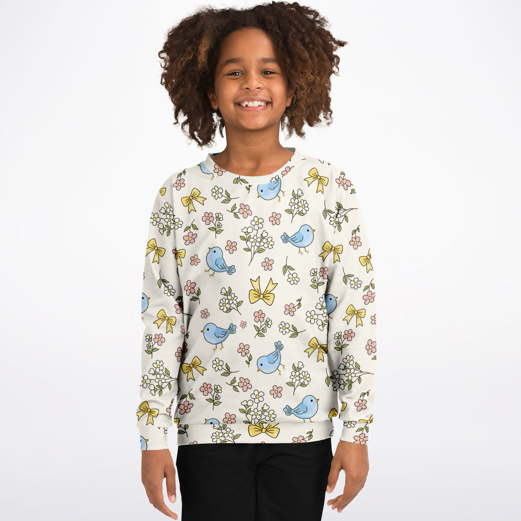 Girls Floral Blue Bird Sweatshirt – Ultra Soft & Stretchy, Cozy Fleece or Lightweight Sports Fabric Sweatshirt – Ultra Soft & Stretchy, Cozy Fleece or Lightweight Sports Fabric