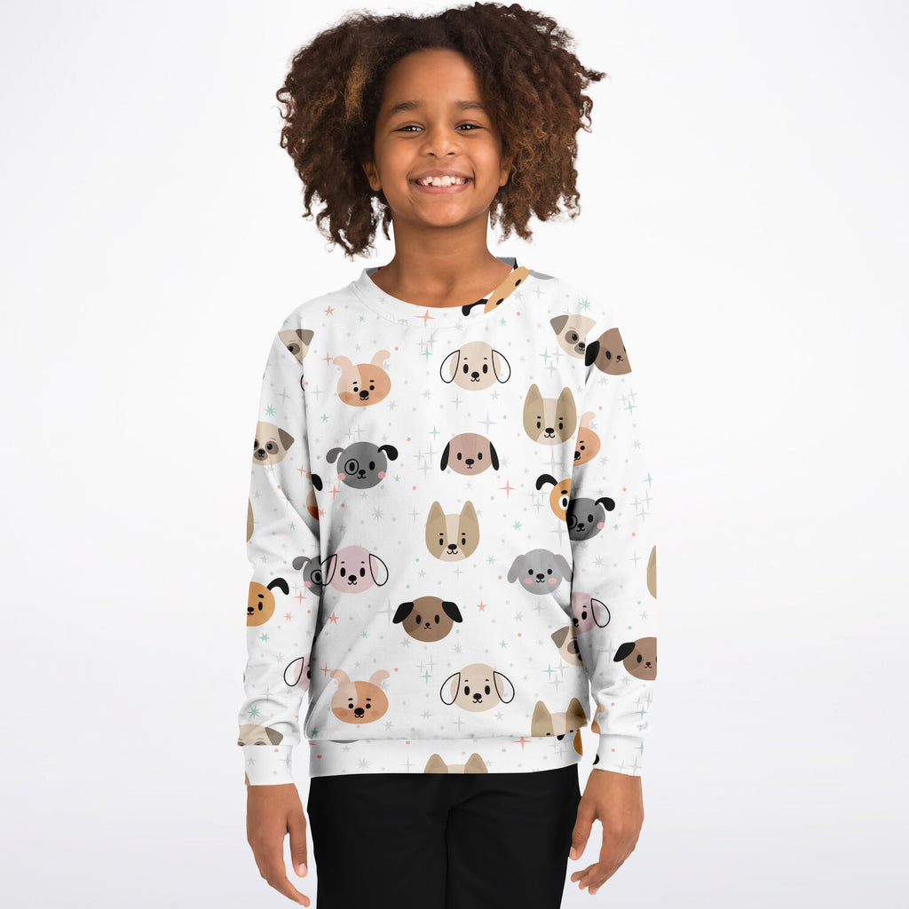 Kids dog face sweatshirt white long-sleeved with colorful cartoon dog pattern in beige gray and brown