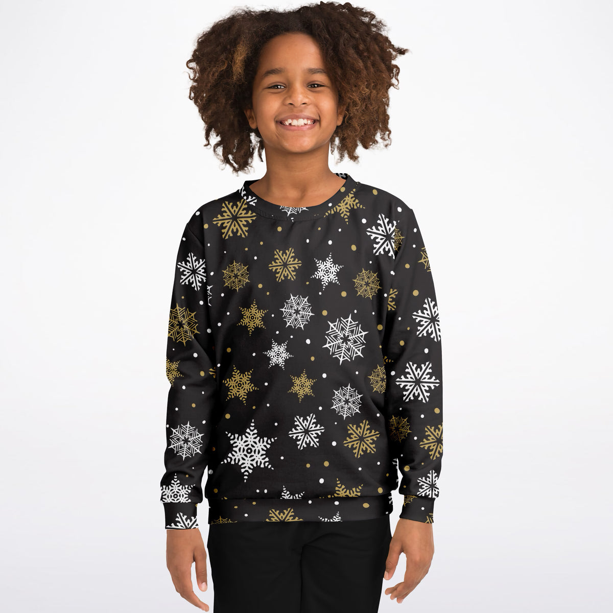 Kids Gold Snowflake Christmas Sweatshirt – Ultra Soft & Stretchy, Cozy Fleece or Lightweight Sports Fabric Sweatshirt – Ultra Soft & Stretchy, Cozy Fleece or Lightweight Sports Fabric