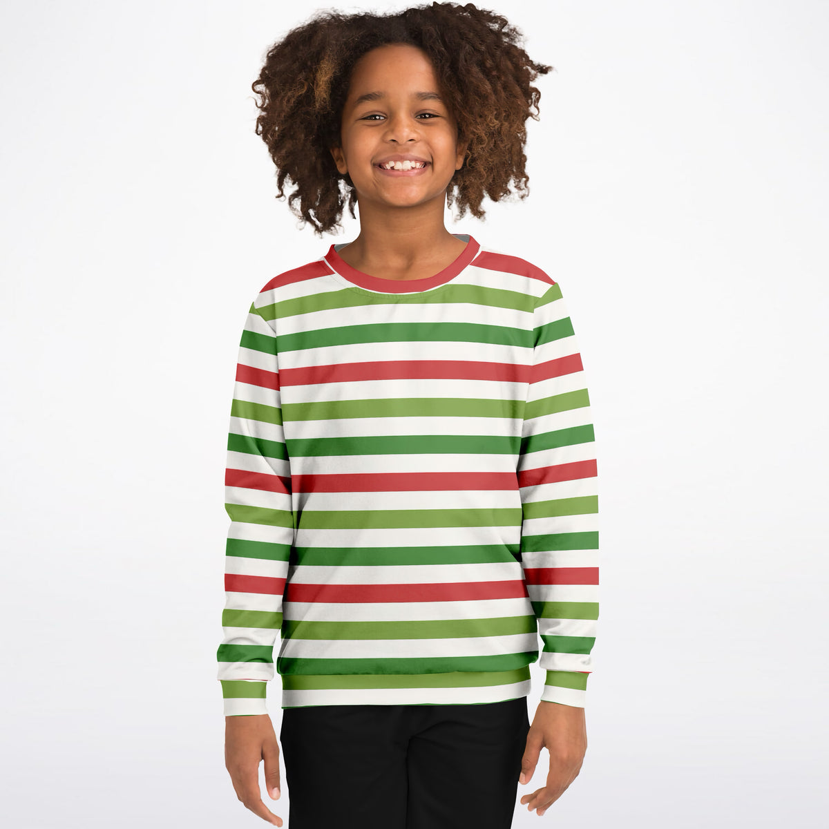 Kids Red Green & White Christmas Striped Sweatshirt – Ultra Soft & Stretchy, Cozy Fleece or Lightweight Sports Fabric Sweatshirt – Ultra Soft & Stretchy, Cozy Fleece or Lightweight Sports Fabric