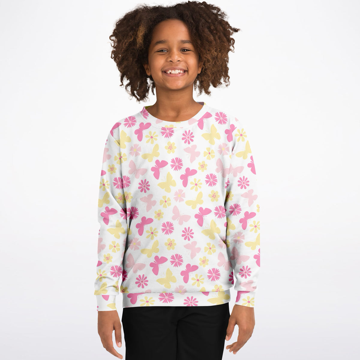 Girls Pink & Yellow Butterfly Sweatshirt – Ultra Soft & Stretchy, Cozy Fleece or Lightweight Sports Fabric Sweatshirt – Ultra Soft & Stretchy, Cozy Fleece or Lightweight Sports Fabric