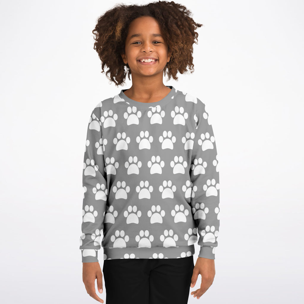 Kids Gray Paw Print Sweatshirt – Ultra Soft & Stretchy, Cozy Fleece or Lightweight Sports Fabric Sweatshirt – Ultra Soft & Stretchy, Cozy Fleece or Lightweight Sports Fabric
