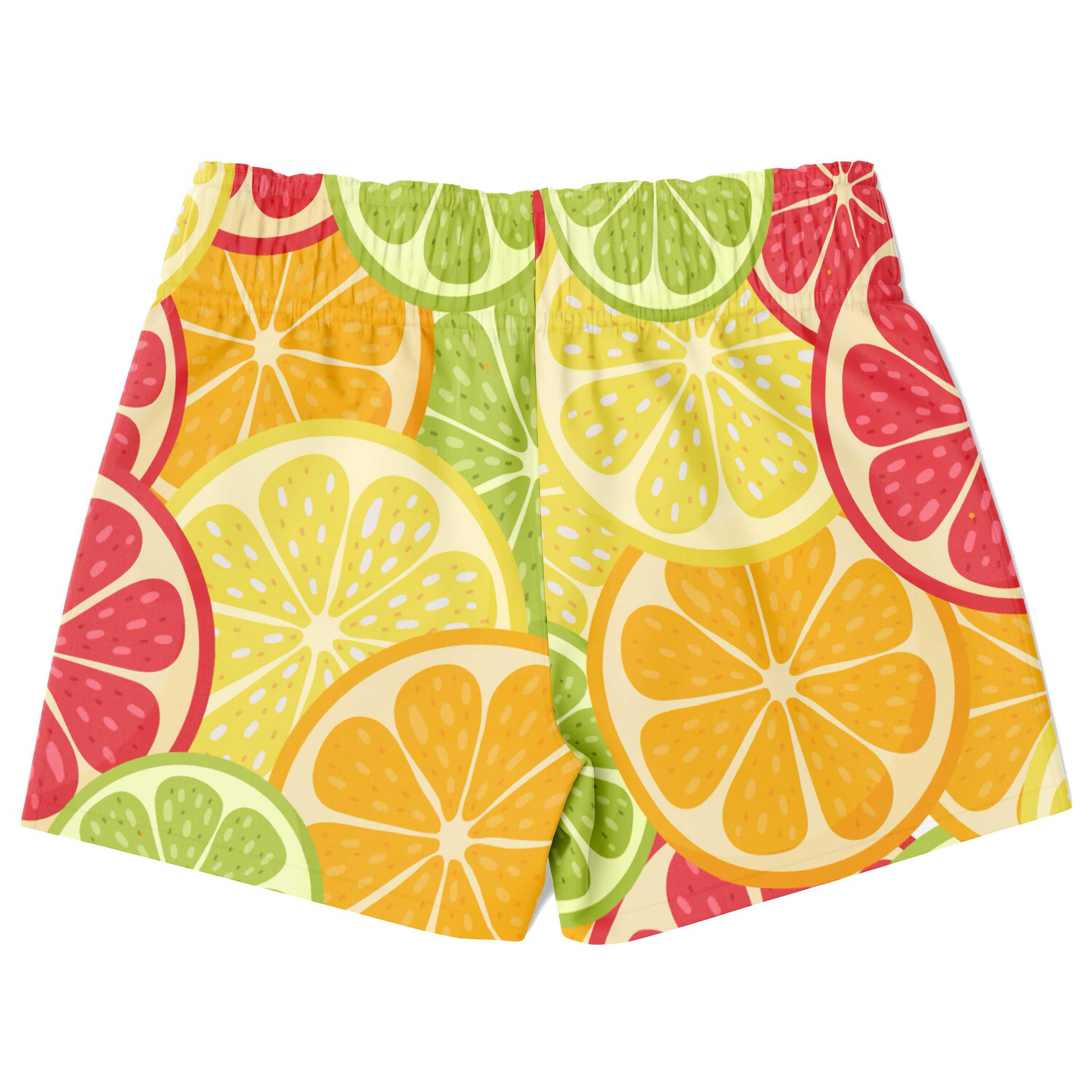 Boys citrus fruit quick drying swim trunks in bright orange yellow green and pink with sliced citrus pattern