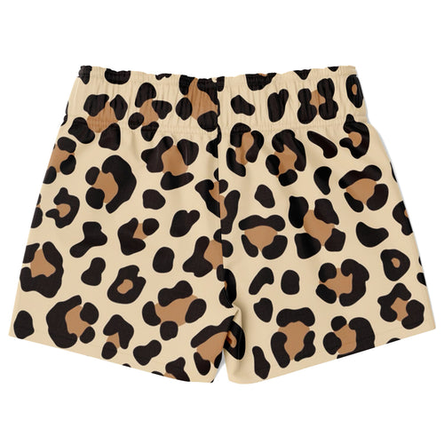 Beige boys leopard print quick drying swim trunks with black and tan spots and lightweight fabric
