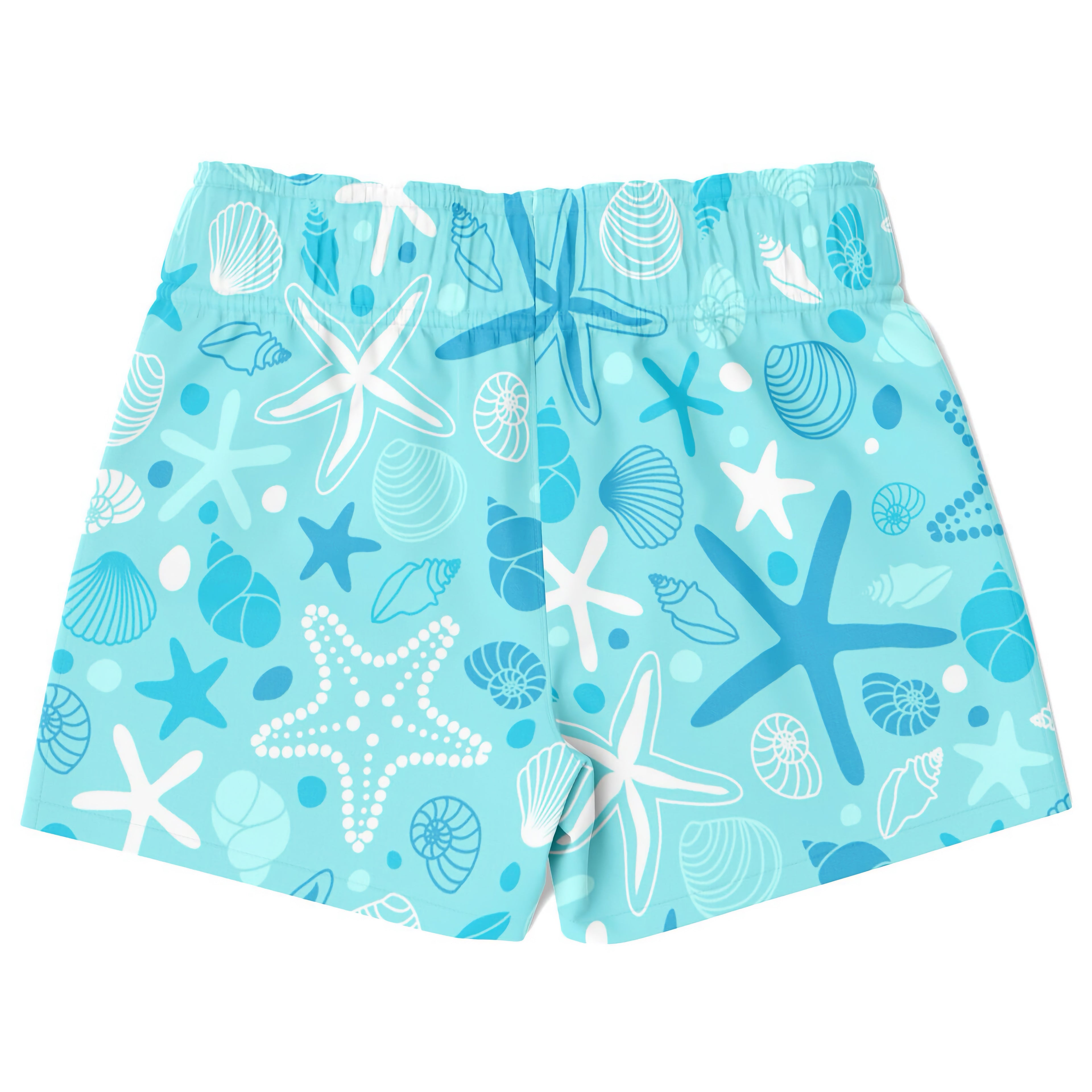 Boys light blue quick drying swim trunks with white and dark blue starfish seashell and sea creature patterns