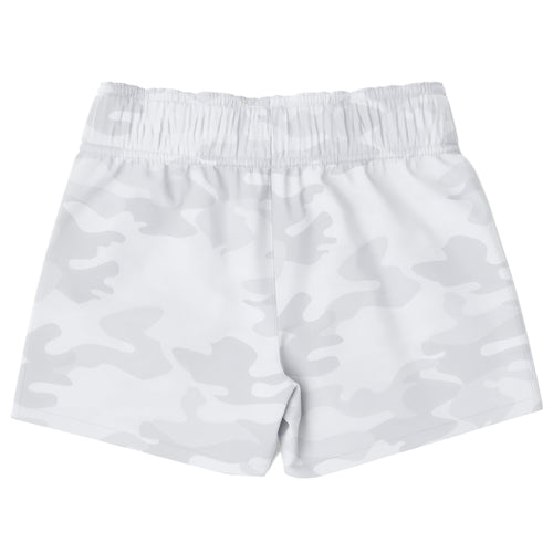 Boys white camouflage quick drying swim trunks with elastic waistband in white camo pattern