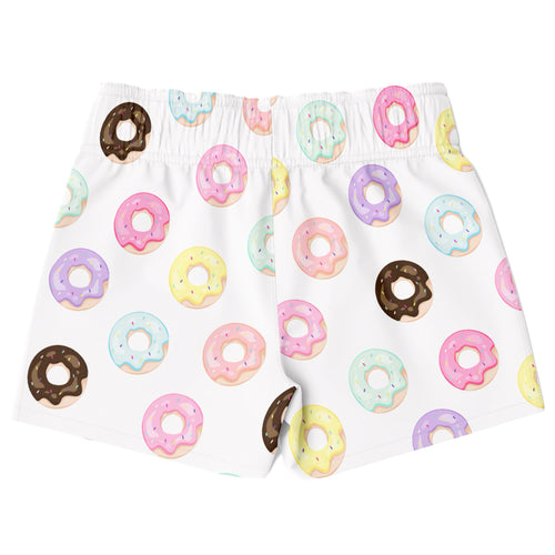 Boys donut quick drying swim trunks in white with colorful playful donut pattern in pink yellow purple and chocolate brown