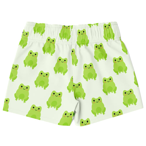 Boys green frog quick drying swim trunks in white with bright green cartoon frog pattern for swimming and beachwear