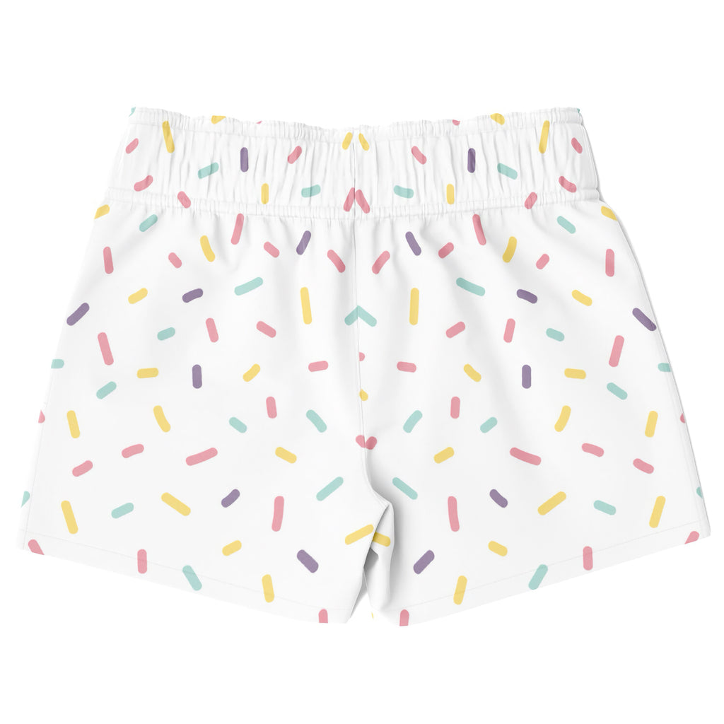 Boys colorful sprinkles quick drying swim trunks white shorts with pastel pink yellow green and purple sprinkle pattern