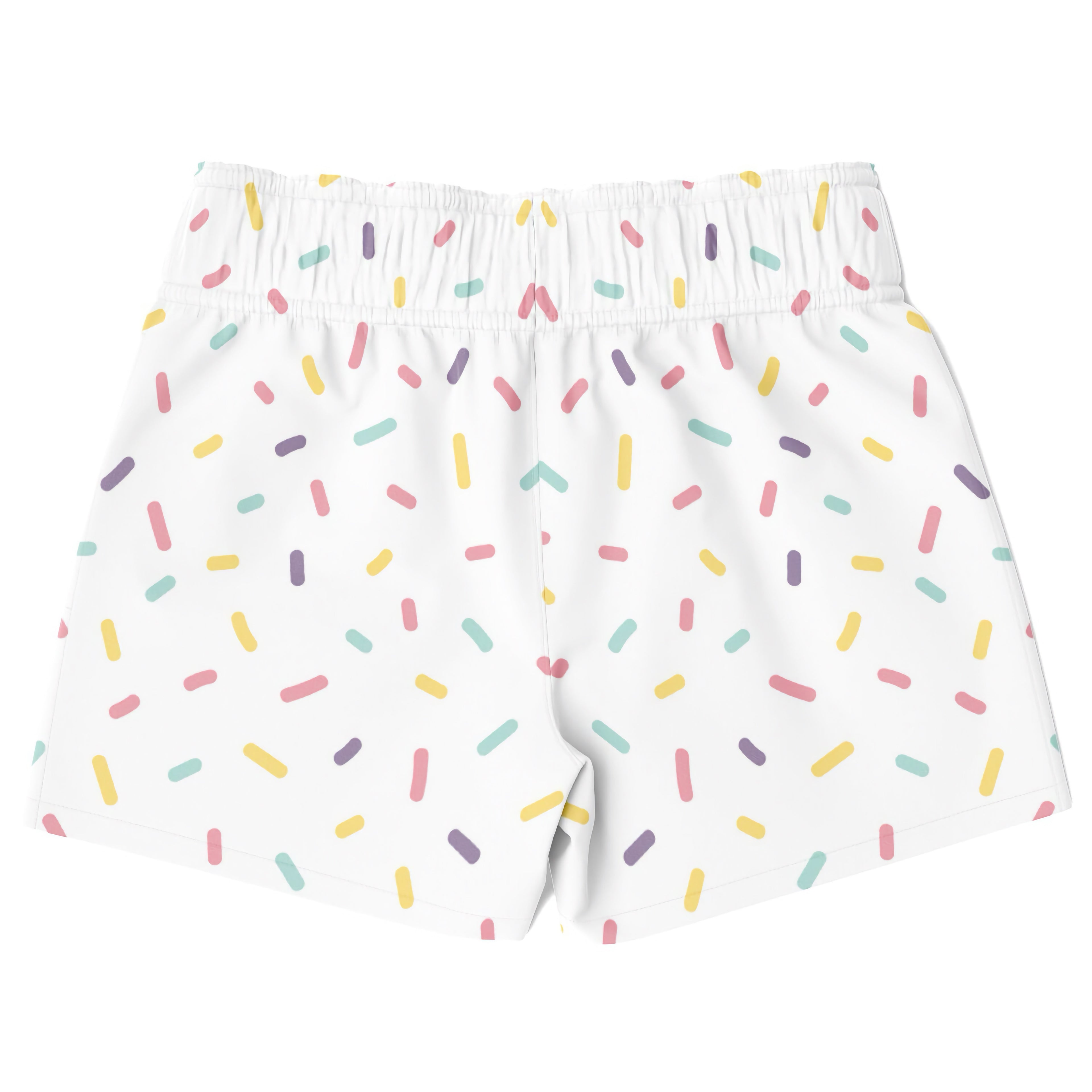Boys colorful sprinkles quick drying swim trunks white shorts with pastel pink yellow green and purple sprinkle pattern
