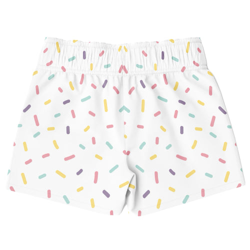 Boys colorful sprinkles quick drying swim trunks white shorts with pastel pink yellow green and purple sprinkle pattern