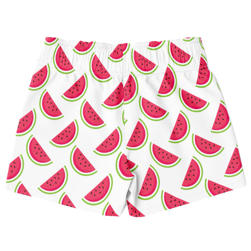 Boys watermelon quick drying swim trunks in white with vibrant pink watermelon slice pattern and green rinds