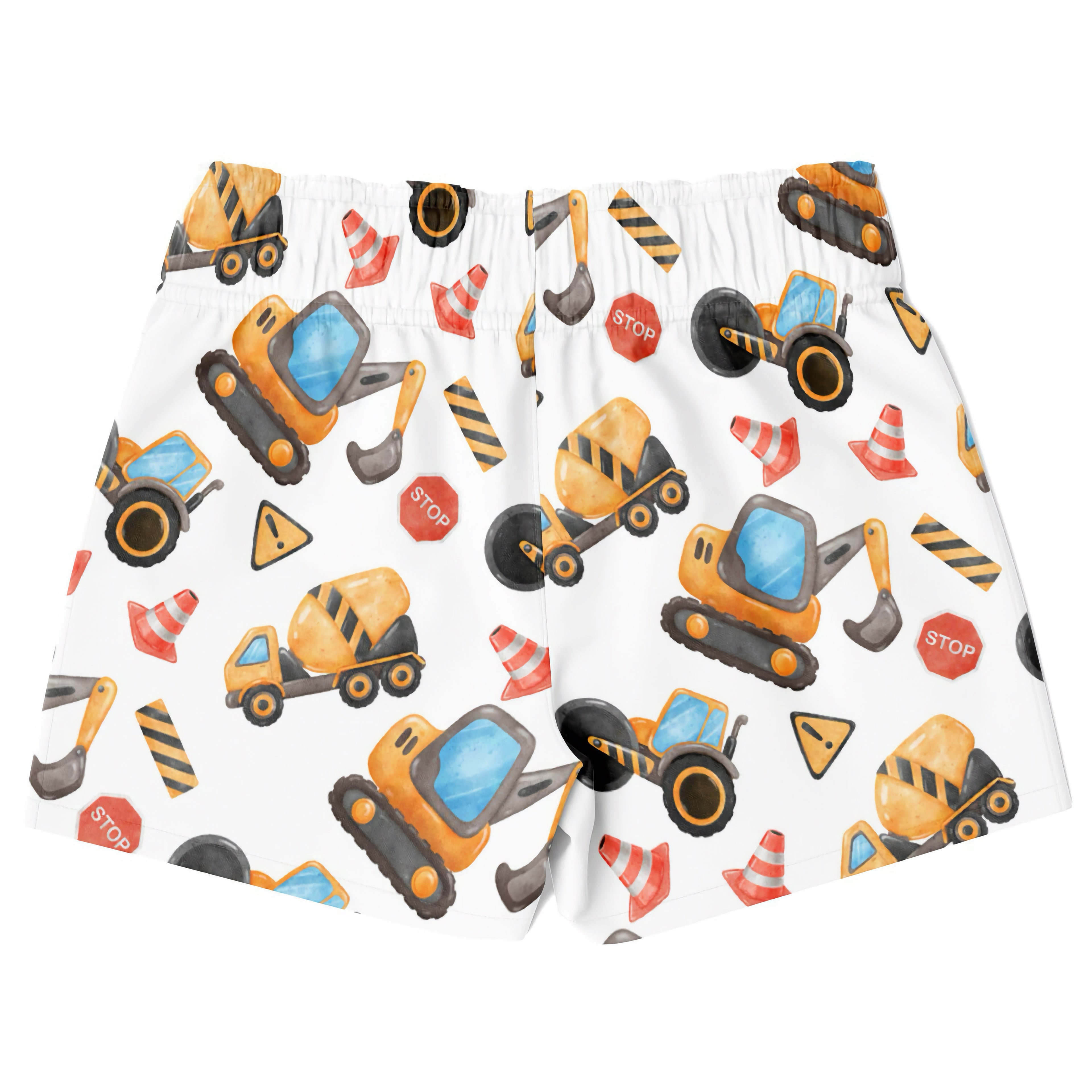 Boys white quick drying swim trunks with yellow construction vehicles and orange traffic cone pattern