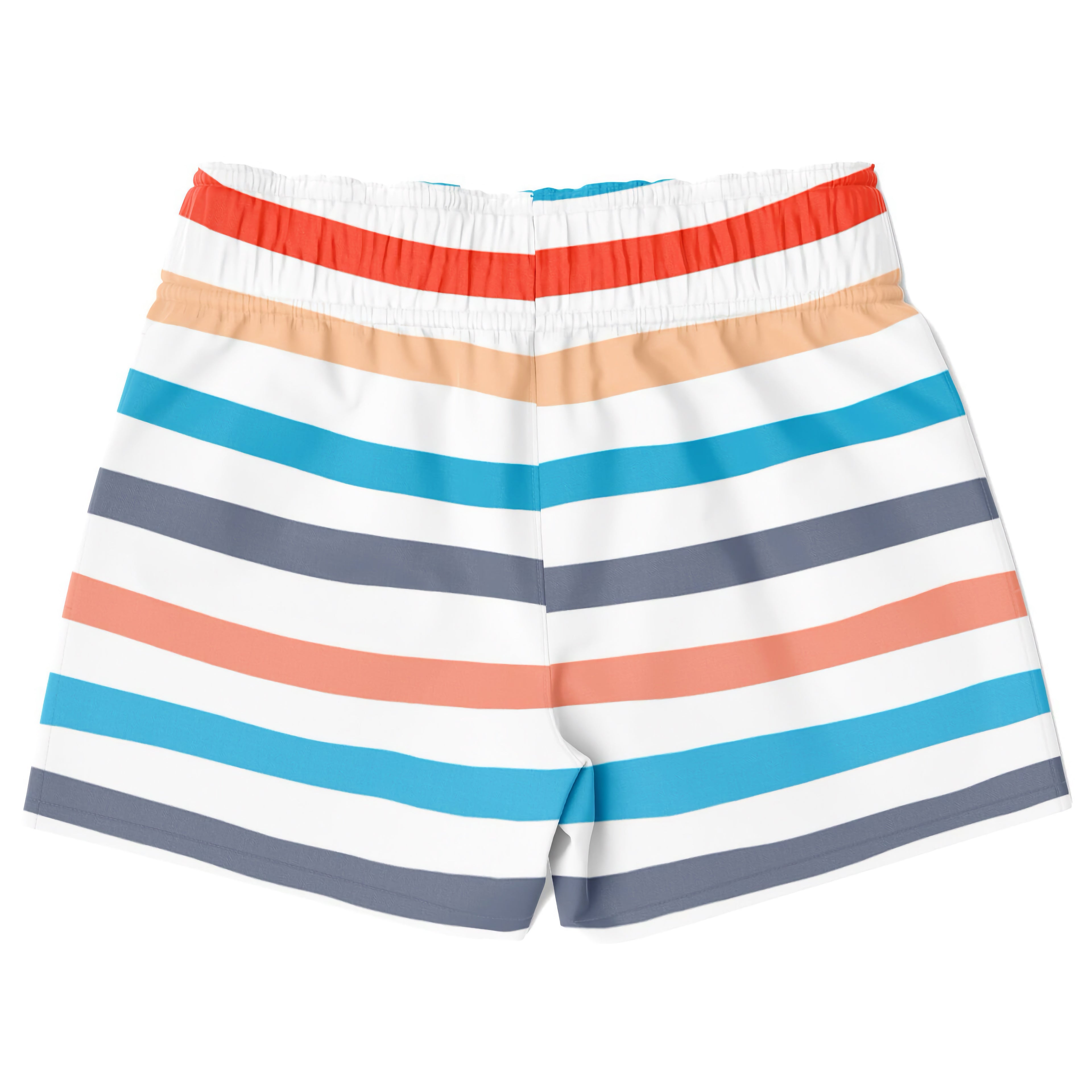 Boys retro stripe quick drying swim trunks with colorful white coral teal and gray horizontal bands