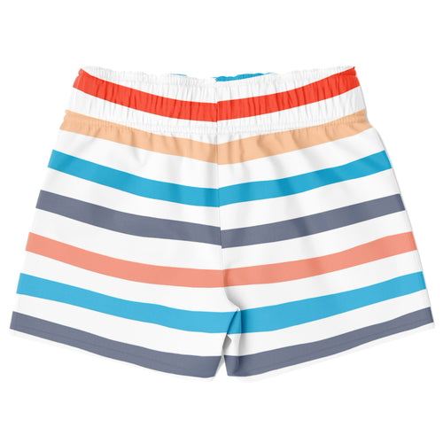 Boys retro stripe quick drying swim trunks with colorful white coral teal and gray horizontal bands