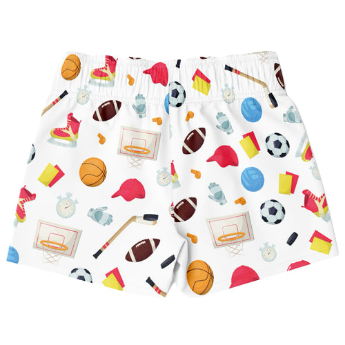 White boys sports-themed quick drying swim trunks with colorful basketball football and hockey stick pattern