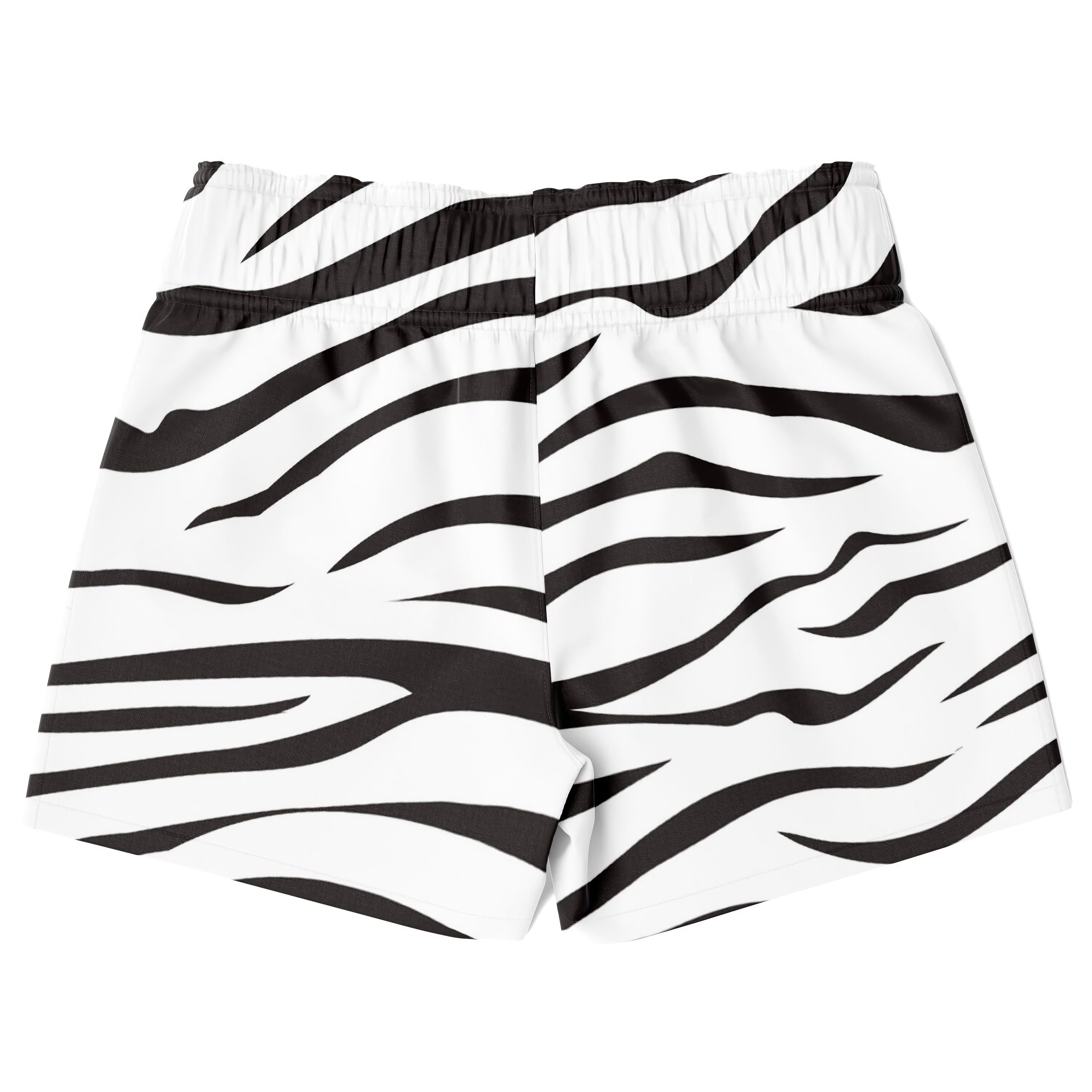 Boys zebra print quick drying swim trunks with black and white zebra stripes and elastic waistband