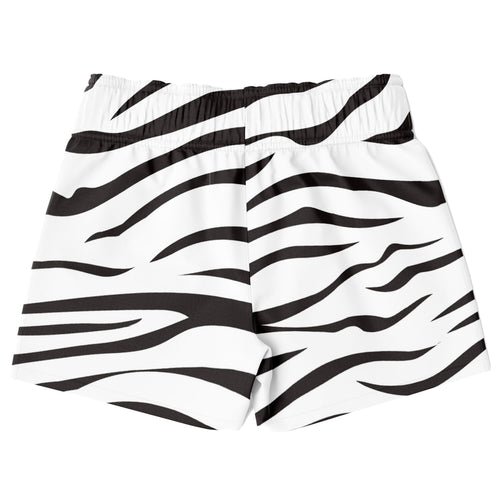 Boys zebra print quick drying swim trunks with black and white zebra stripes and elastic waistband