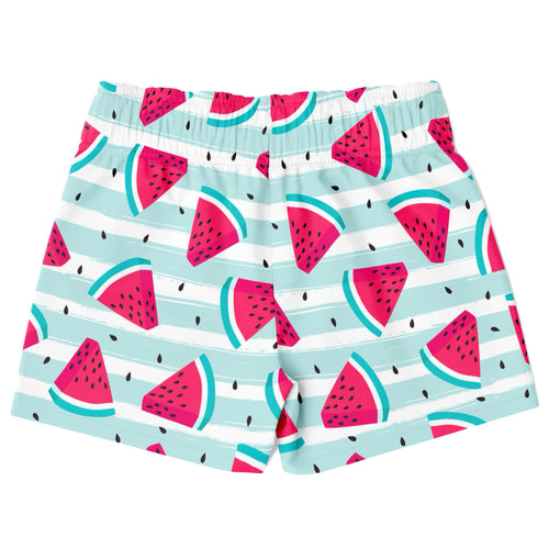 Boys striped watermelon quick drying swim trunks with playful pink slice pattern on light blue and white stripes