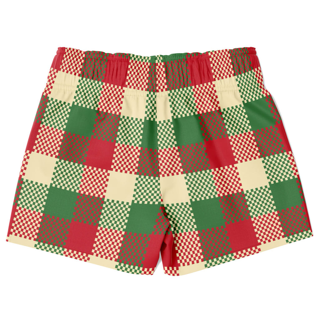 Boys plaid Christmas quick drying swim trunks in red green and cream colors with a checkered pattern