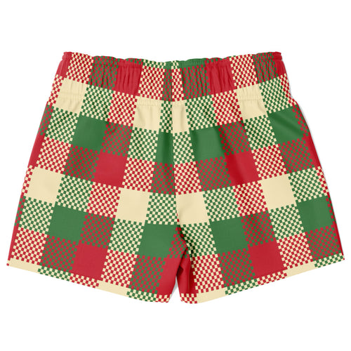 Boys plaid Christmas quick drying swim trunks in red green and cream colors with a checkered pattern