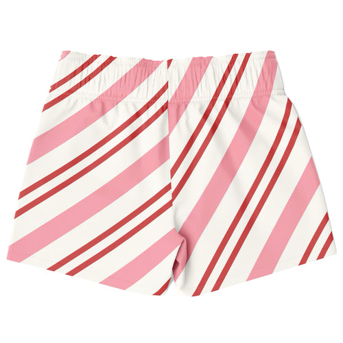 Boys pink candy cane christmas quick drying swim trunks with pink and red diagonal stripes on white base
