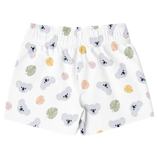 Boys koala bear quick drying swim trunks in white with gray koala faces and pastel tropical leaves pattern