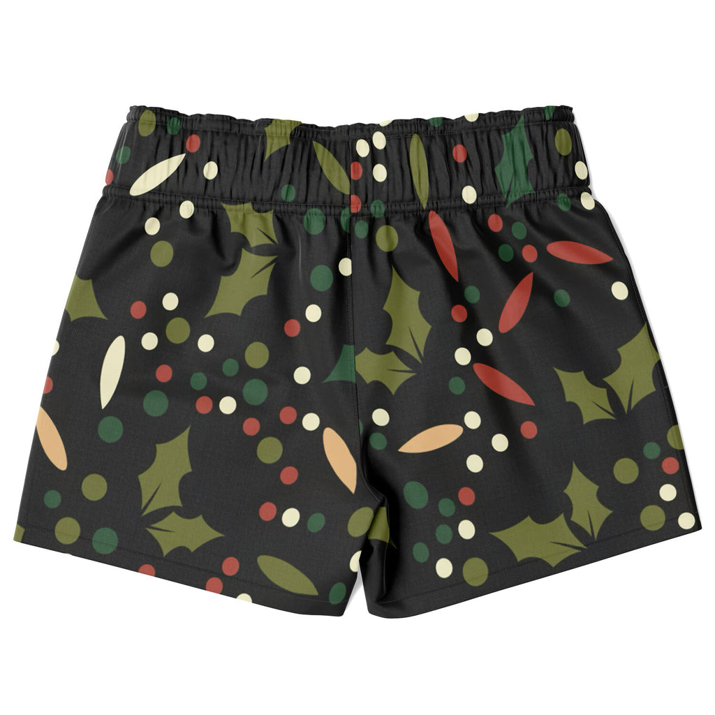 Boys holly berry christmas quick drying swim trunks in black with green holly leaves and red beige berry pattern