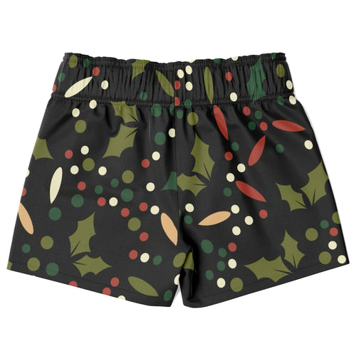 Boys holly berry christmas quick drying swim trunks in black with green holly leaves and red beige berry pattern