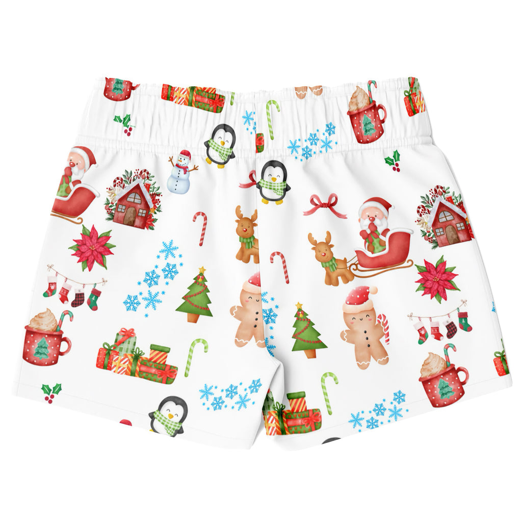 Boys christmas quick drying swim trunks in white with festive santa penguin reindeer gingerbread snowman gift prints