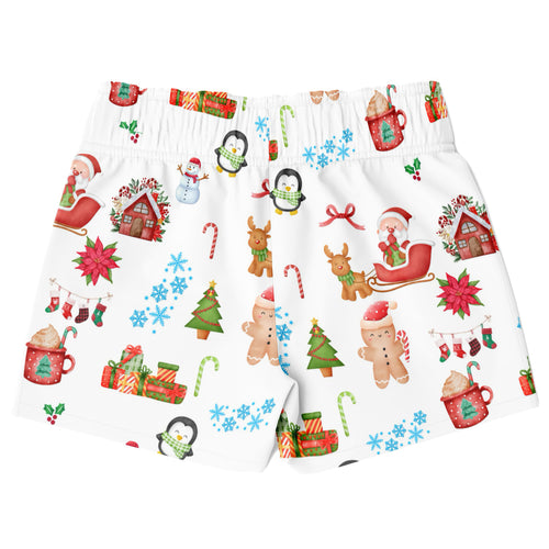 Boys christmas quick drying swim trunks in white with festive santa penguin reindeer gingerbread snowman gift prints