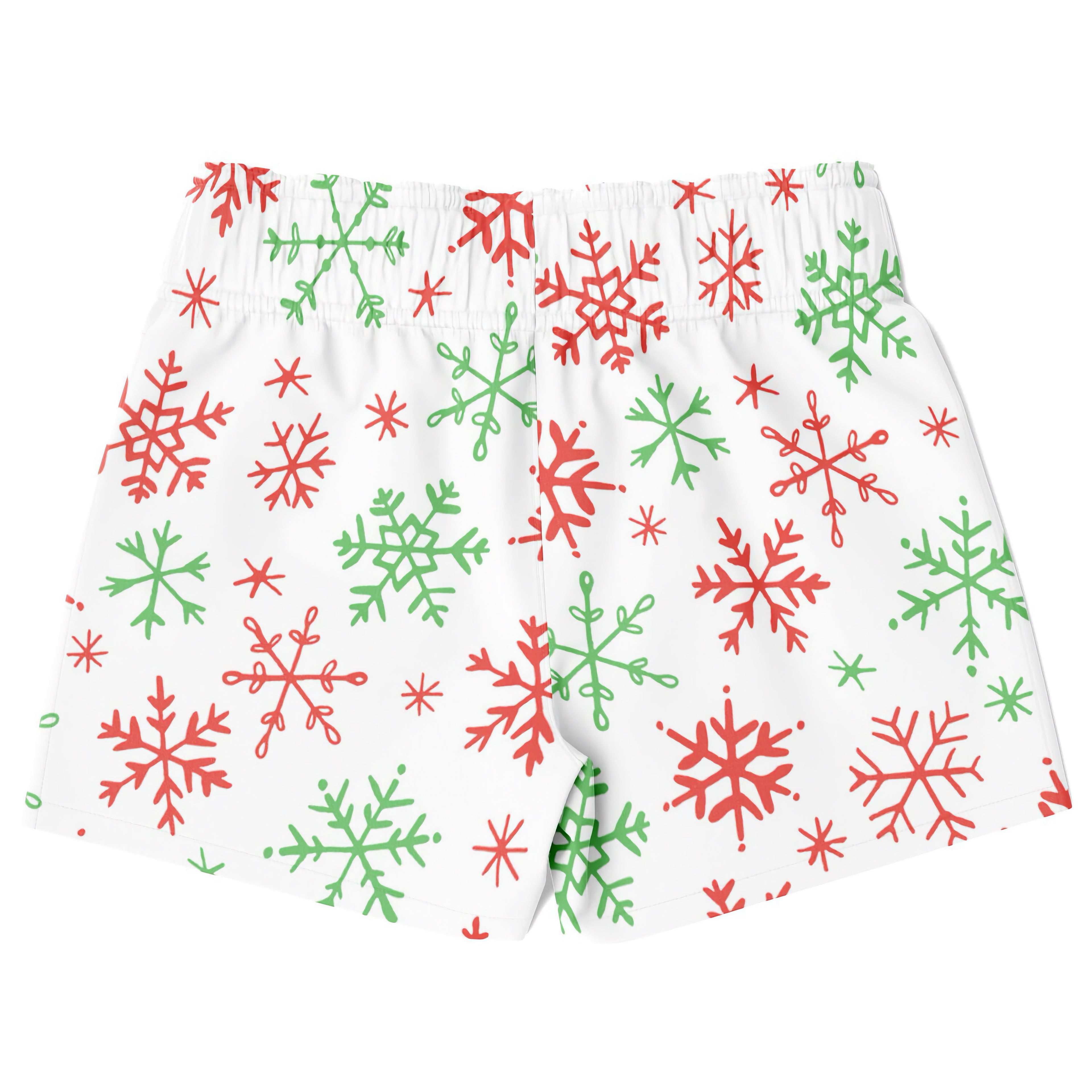 Boys red and green snowflakes christmas quick drying swim trunks with white fabric and festive snowflake pattern