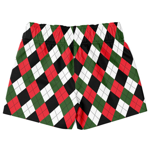 Boys christmas argyle quick drying swim trunks in red green and black with a stretchy elastic waistband