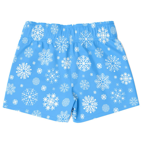 Boys blue snowflake christmas quick drying swim trunks with light blue fabric and white snowflake pattern