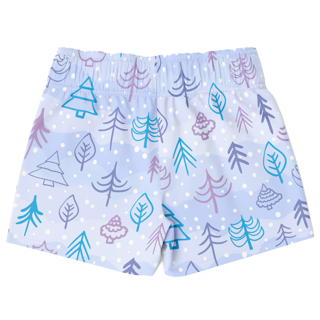 Boys winter snow quick drying swim trunks in light blue with teal purple and gray stylized tree and leaf pattern
